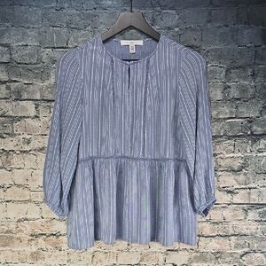 5/$30 🎀 Fever | White Stripe Blue Woven Boho Cottagecore Blouse Top